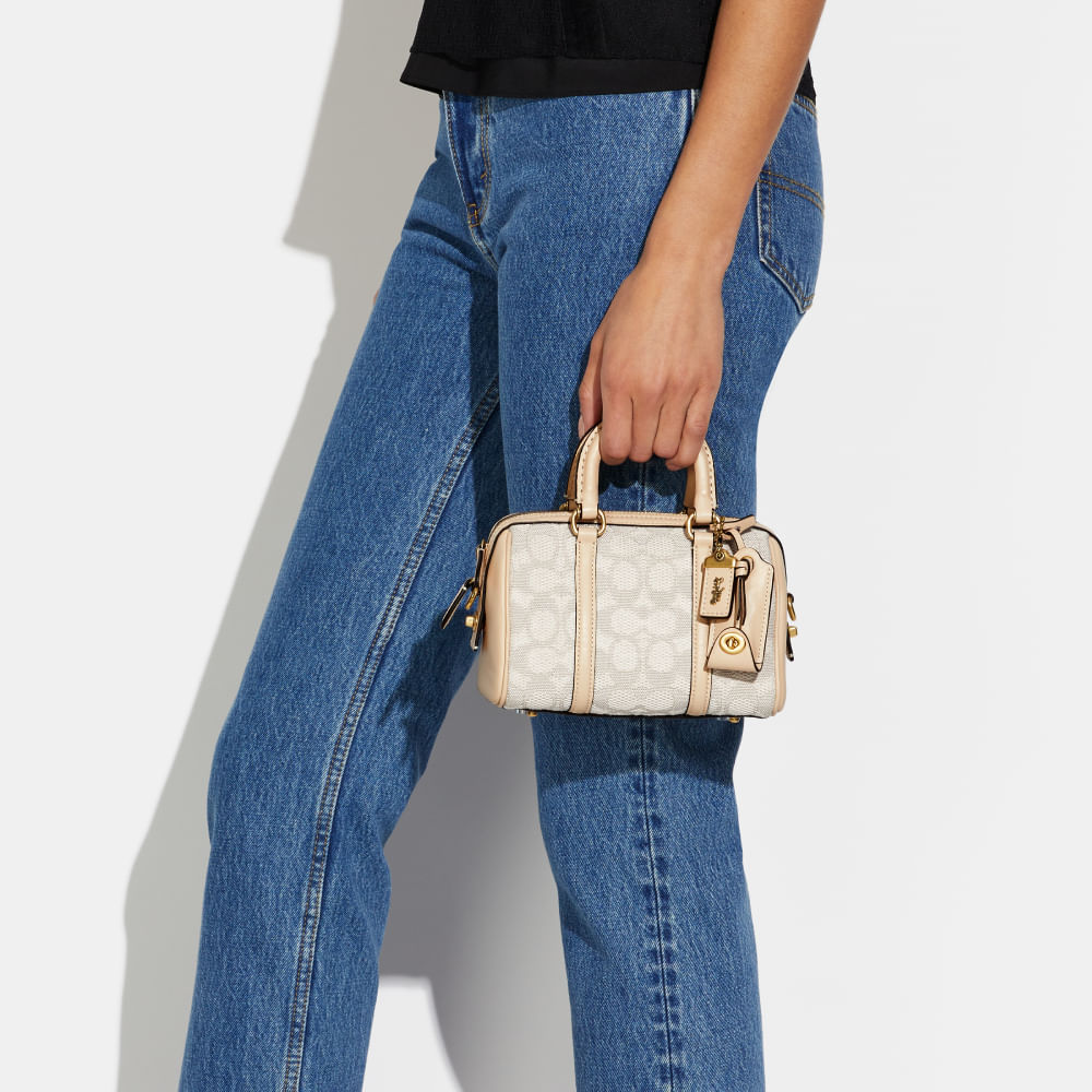Bolsa Ruby Satchel 18 Jacquard Signature Coach Bege - coach