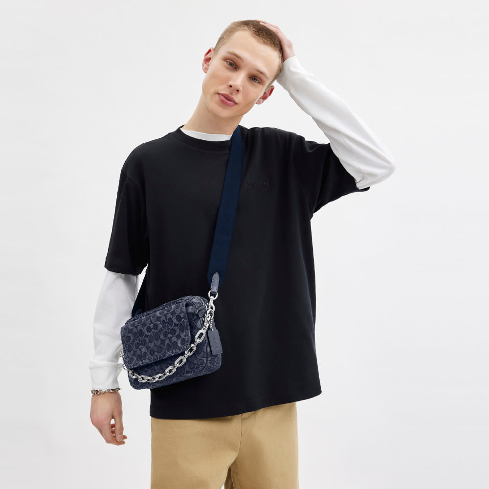Bolsa Charter Flap Crossbody 24 Signature Denim Coach Azul - coach