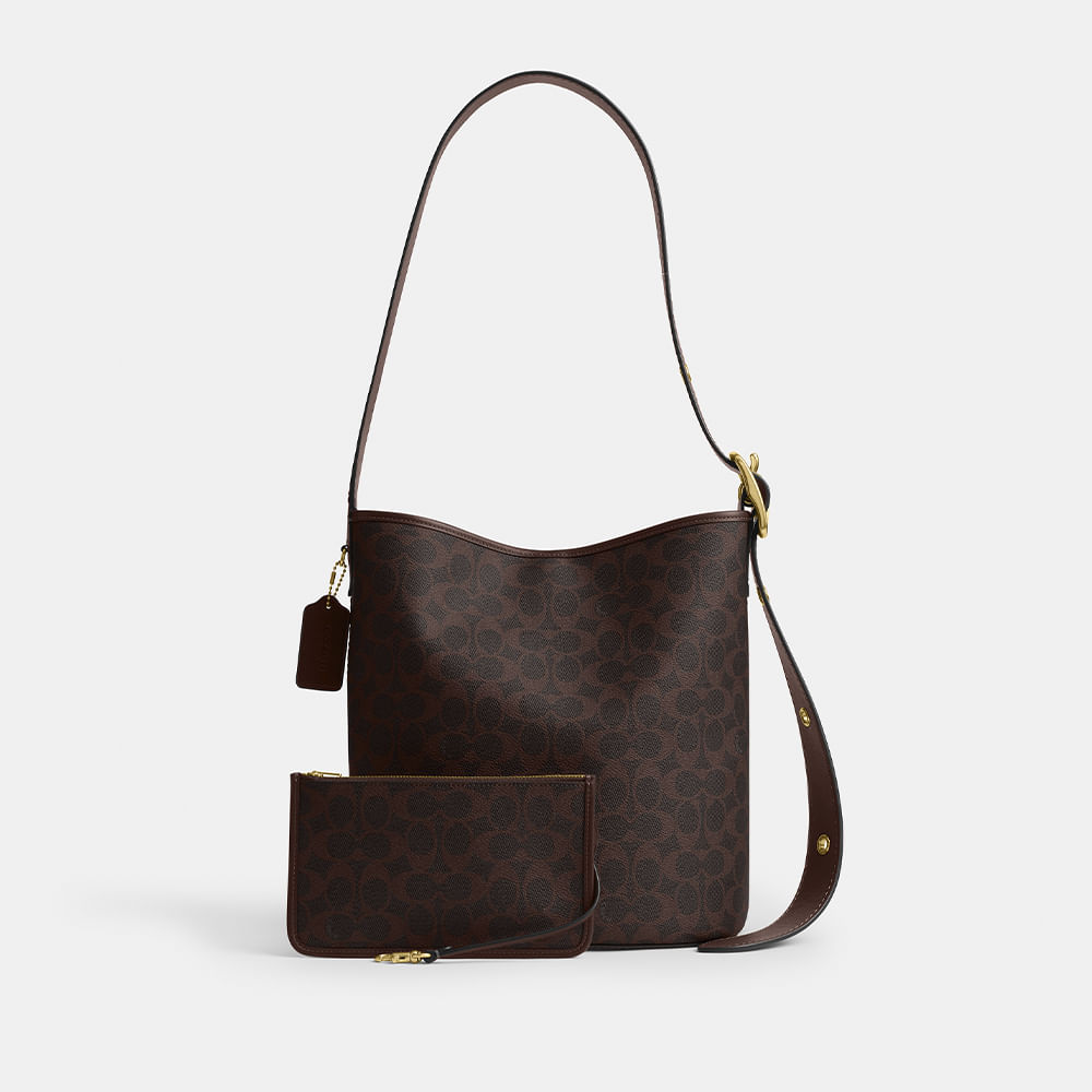 Bolsa Bleecker Bucket Signature Coach Marrom Escuro - coach