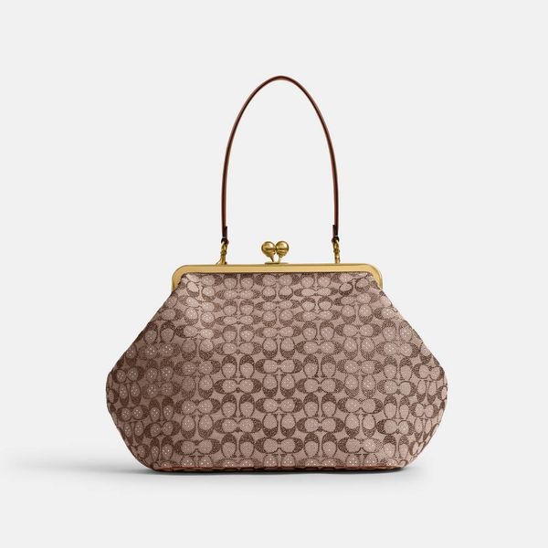 Bolsa Large Kisslock Frame Crystal Signature Jacquard Coach Marrom